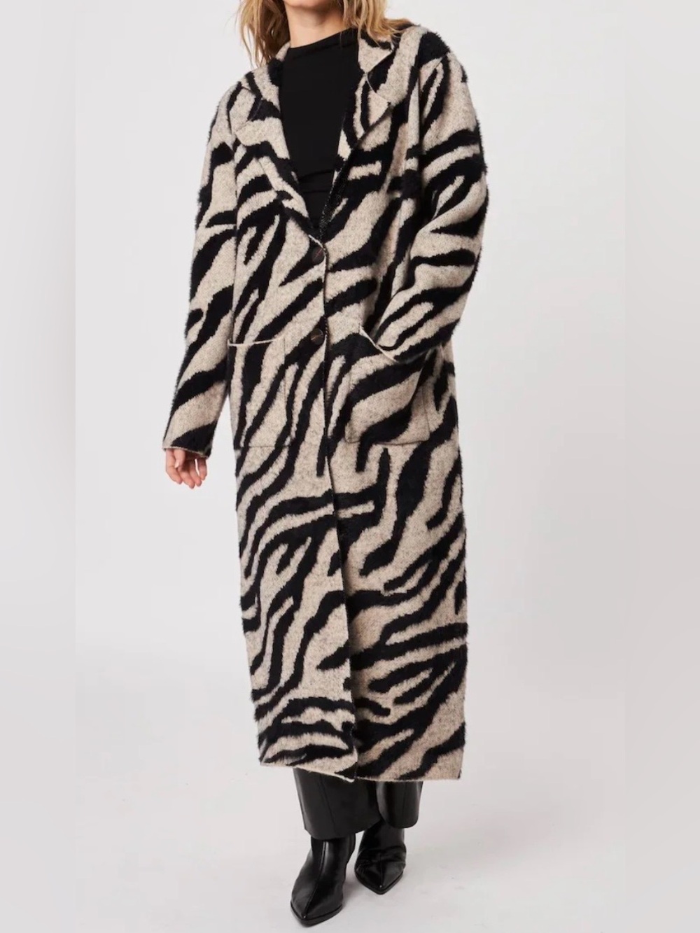 JOHN + JENN Rashad Duster Coat. Zebra Print Long Teddy Coat in Black and Cream